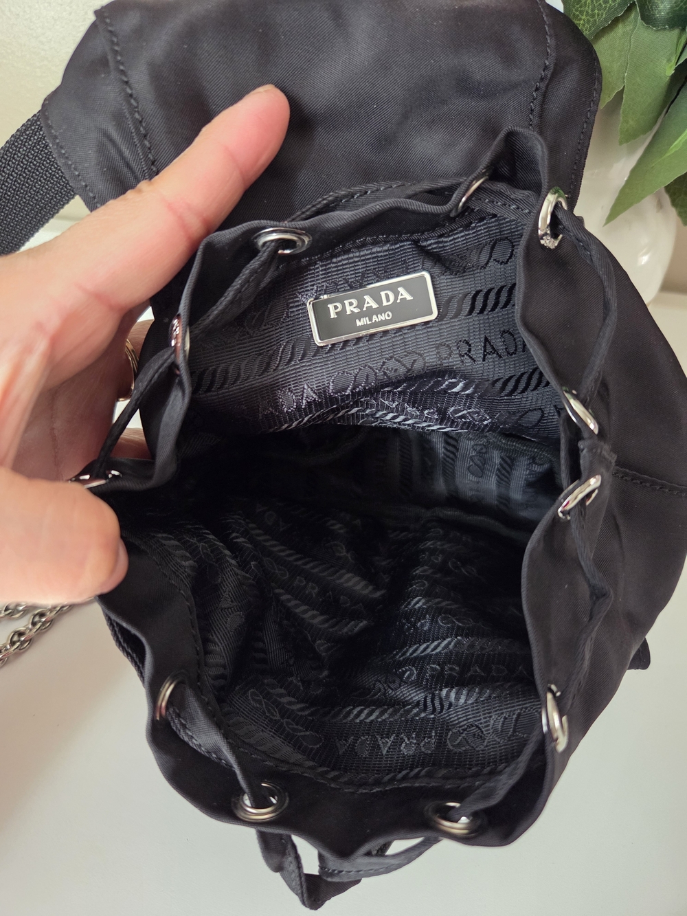 Prada Mini Re- Nylon Backpack Chain Crossbody Bag Silver /black - Picture 12 of 16